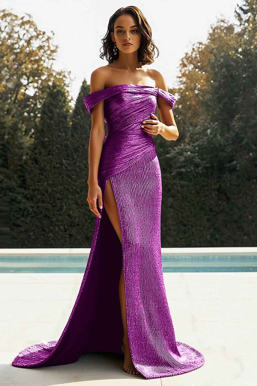Sparkly Golden Mermaid One Shoulder Pleated Long Prom Dress with Slit