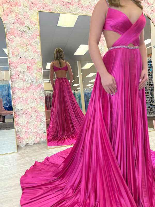 Pink A Line Pleated Cutout Open Back Prom Dress with Slit