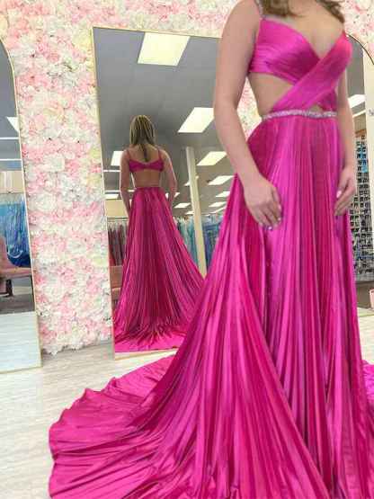 Pink A Line Pleated Cutout Open Back Prom Dress with Slit