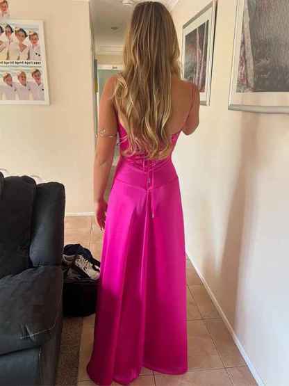 Fuchsia A-Line Spaghetti Straps Satin Long Prom Party Dress