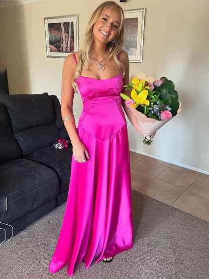 Fuchsia A-Line Spaghetti Straps Satin Long Prom Party Dress
