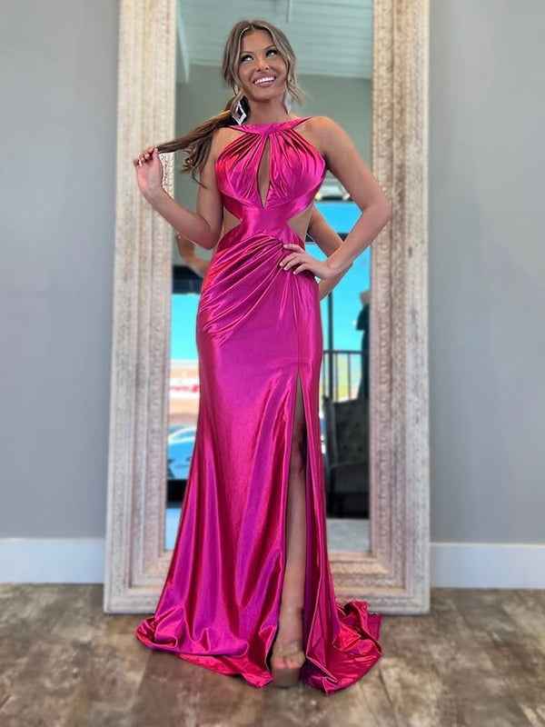 Fuchsia Mermaid Halter Keyhole Satin Long Prom Dress with Slit