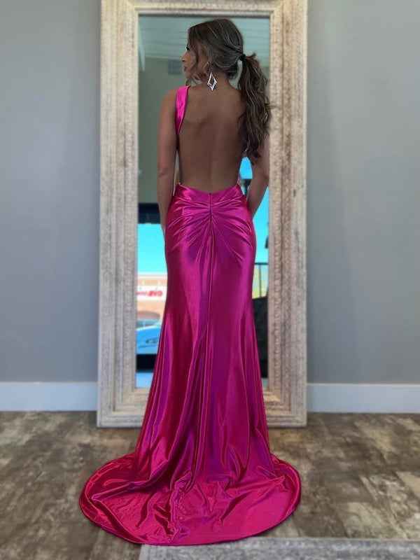 Fuchsia Mermaid Halter Keyhole Satin Long Prom Dress with Slit