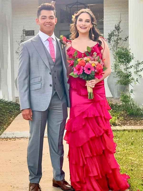 Fuchsia Mermaid Spaghetti Straps Ruffles Long Prom Party Dress