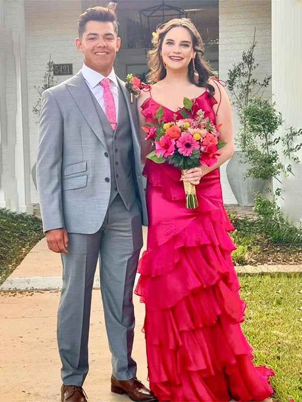 Fuchsia Mermaid Spaghetti Straps Ruffles Long Prom Party Dress