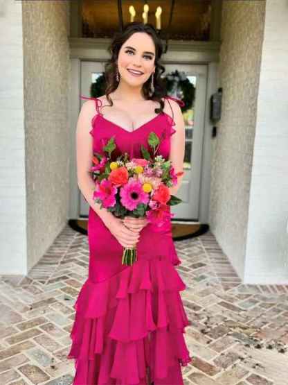 Fuchsia Mermaid Spaghetti Straps Ruffles Long Prom Party Dress