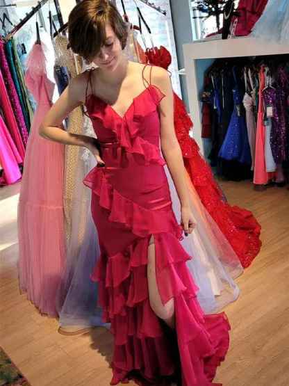 Fuchsia Mermaid Spaghetti Straps Ruffles Long Prom Party Dress
