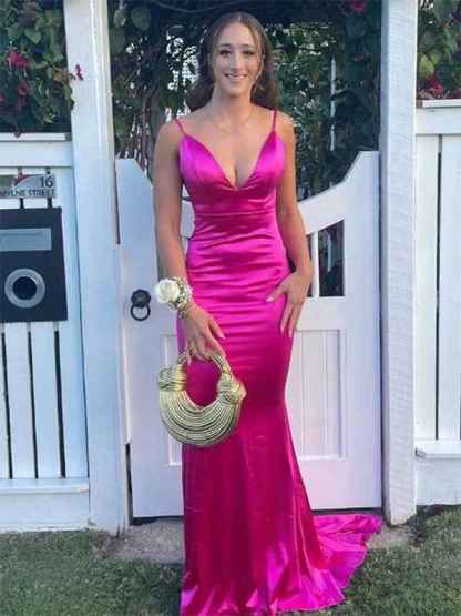 Fuchsia Mermaid Spaghetti Straps V Neck Plunge Satin Long Prom Dress