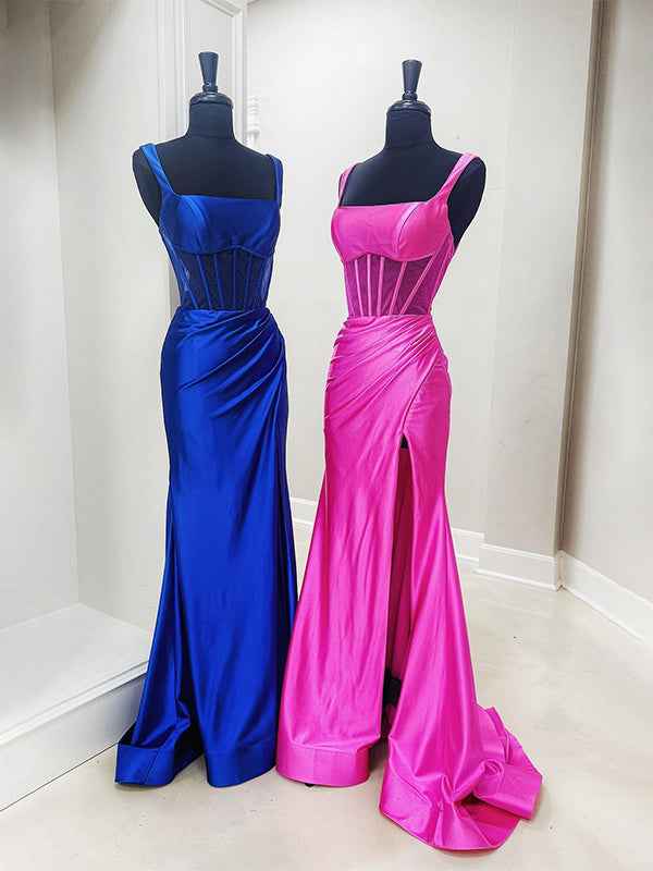 Pink Mermaid Square Neck Satin Pleated Long Prom Dress with Slit