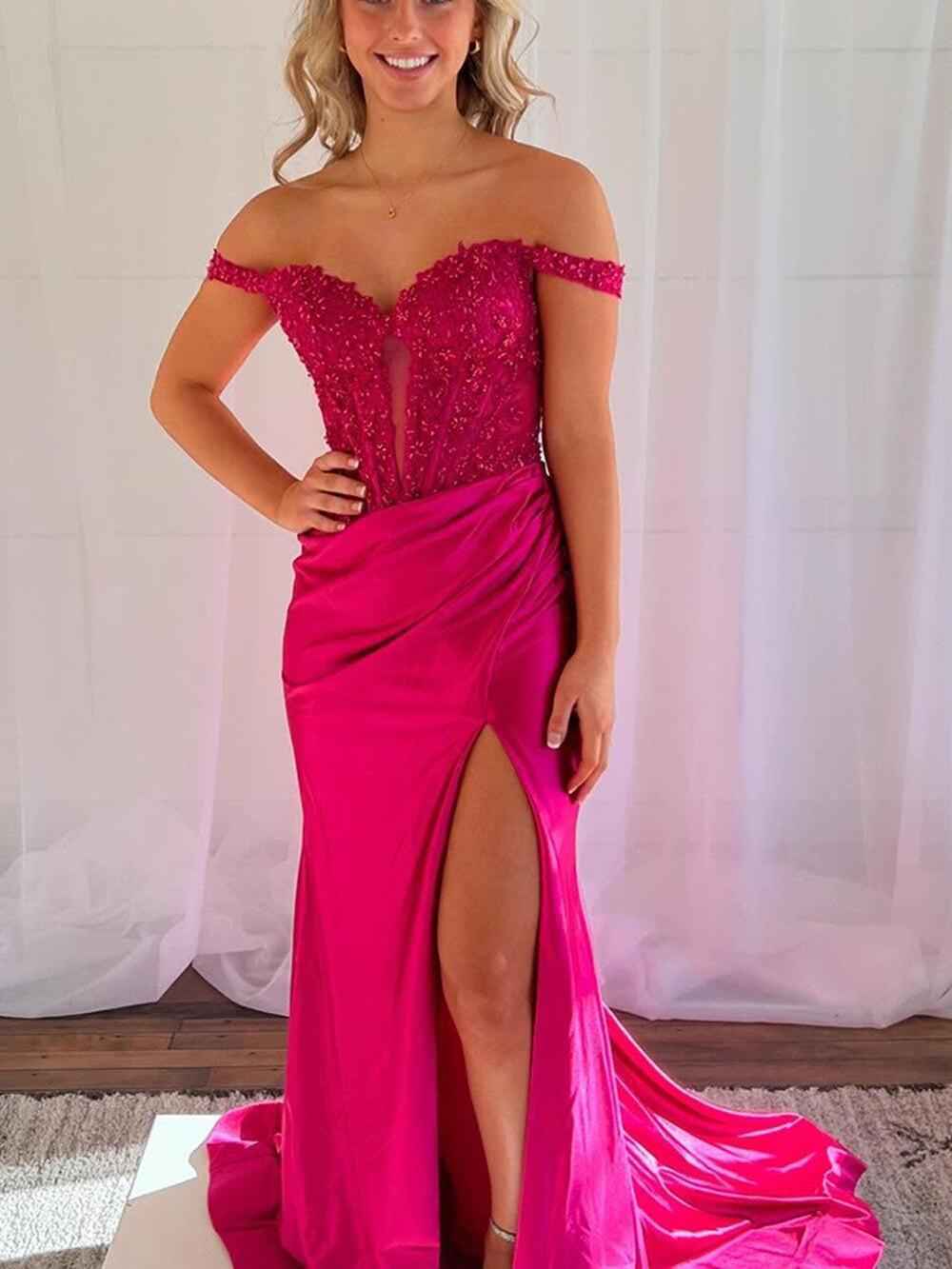 Pink Mermaid Off-Shoulder Sweetheart Appliques Pleated Prom Dress with Slit