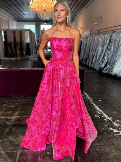 Fuchsia A Line Strapless Jacquard Satin Long Prom Dress with Pockets