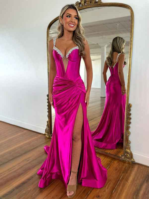 Fuchsia Mermaid Beaded Straps Lace Up Long  Prom Dress with Slit