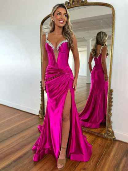 Fuchsia Mermaid Beaded Straps Lace Up Long  Prom Dress with Slit