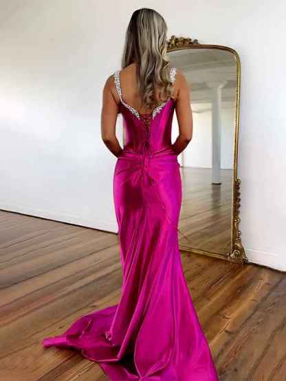 Fuchsia Mermaid Beaded Straps Lace Up Long  Prom Dress with Slit