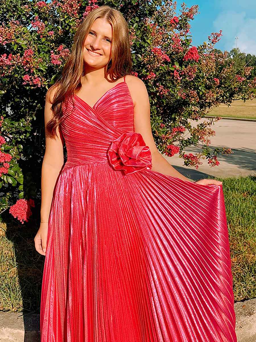 Fuchsia Metallic Pleated Long Prom Dress with Rosette