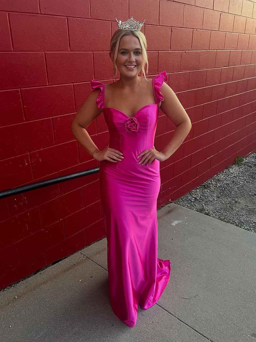 Fuchsia Satin Mermaid Long Prom Dress with Ruffled Shoulders