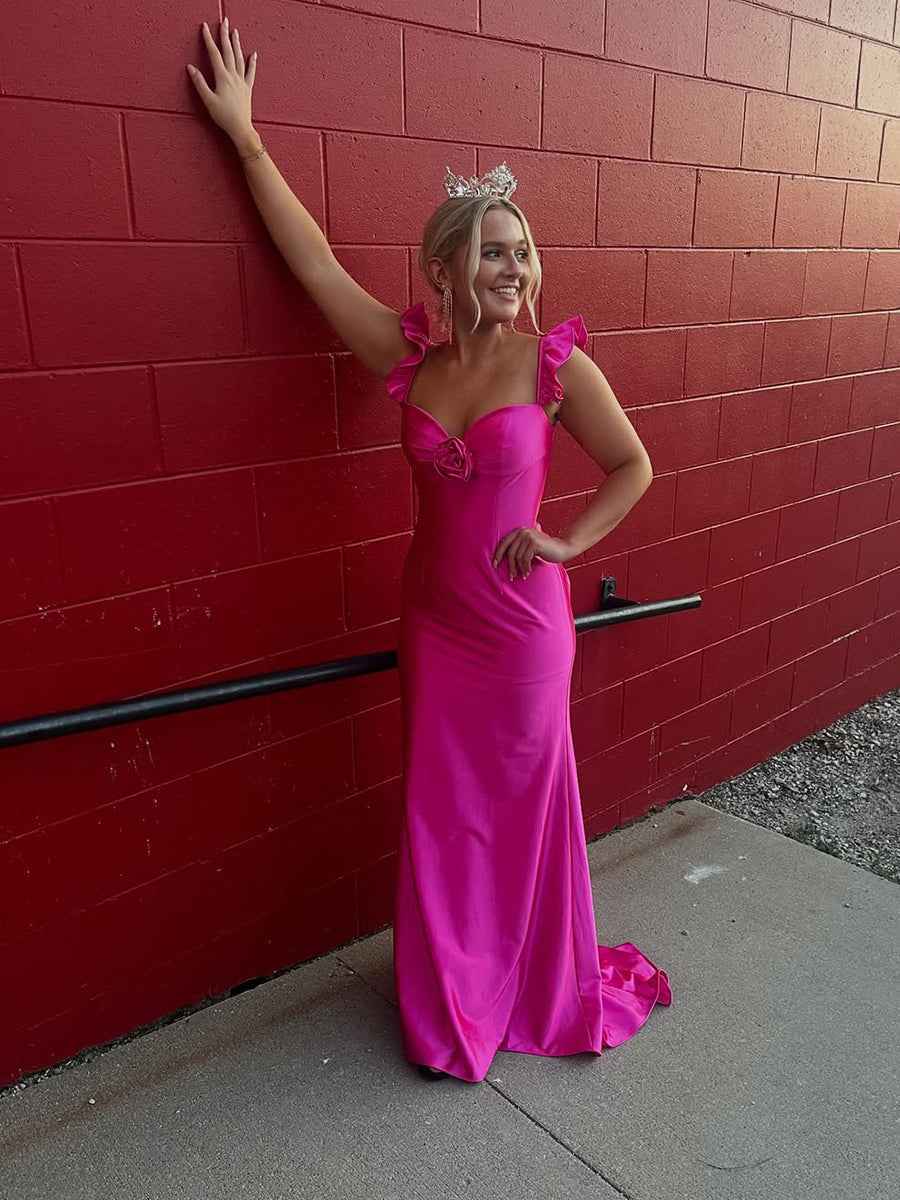 Fuchsia Satin Mermaid Long Prom Dress with Ruffled Shoulders