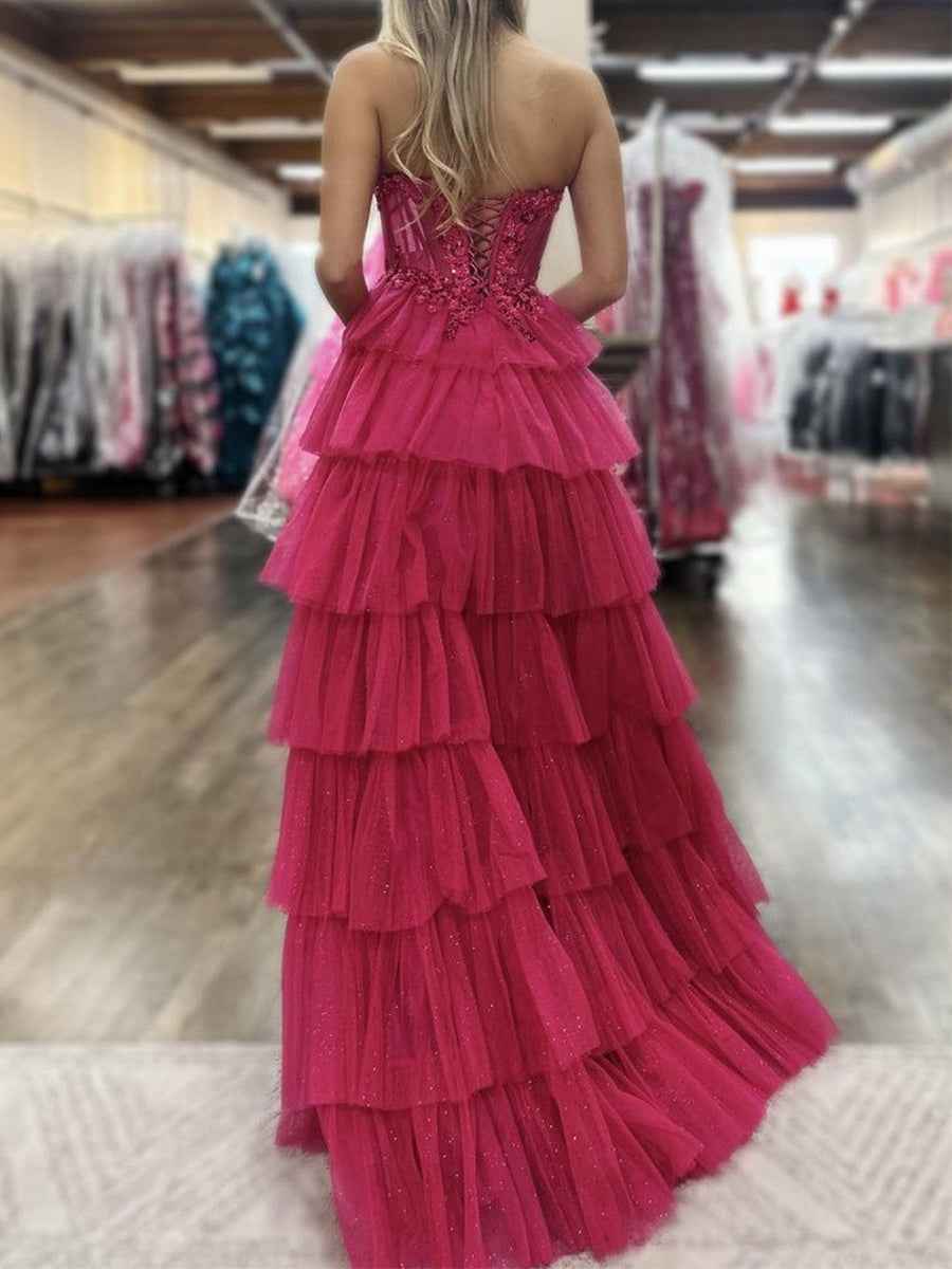 Fuchsia Strapless Tiered Ruffles Corset Prom Dress with Slit