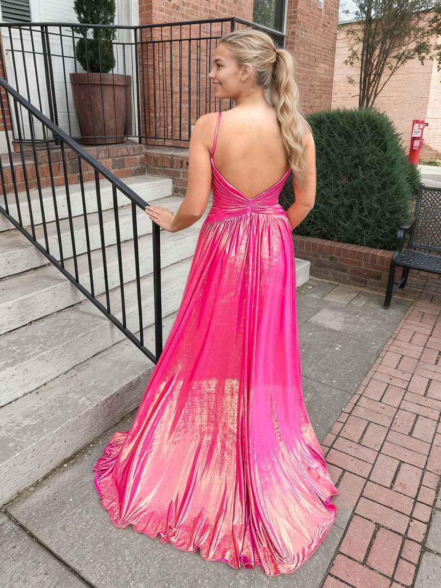 Fuchsia Straps Metallic Long Prom Dress with Keyhole