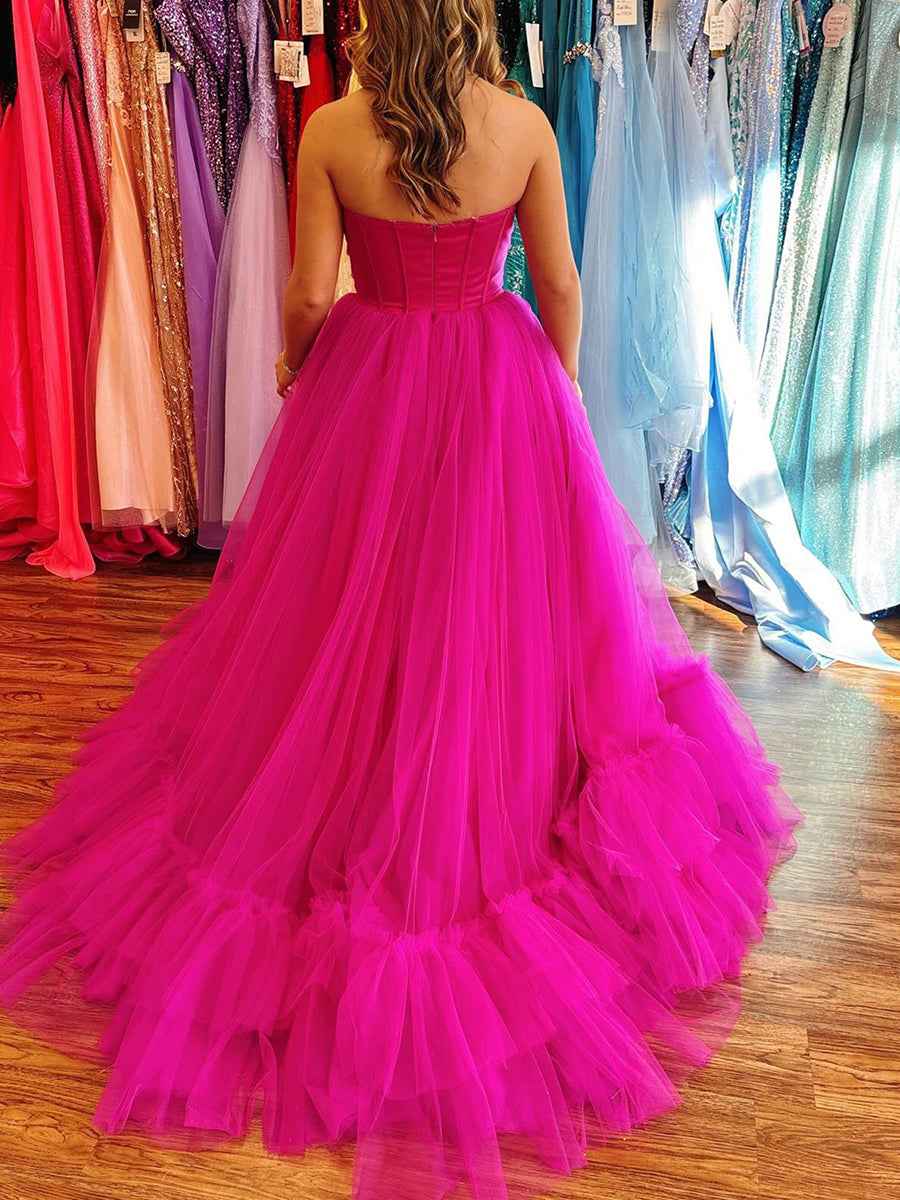 Fuchsia Sweetheart Strapless Tiered Tulle Long Prom Dress