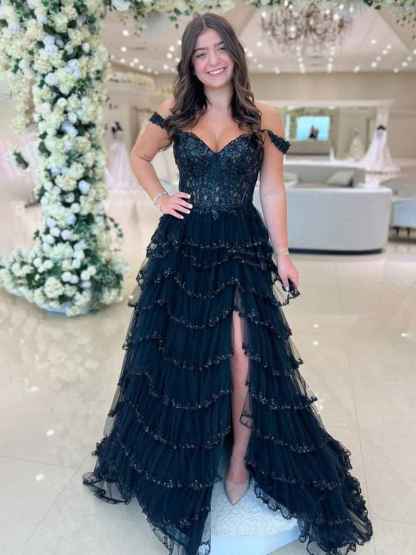 Glamorous Champagne Beaded Tiered Ruffle Corset Prom Dress with Slit