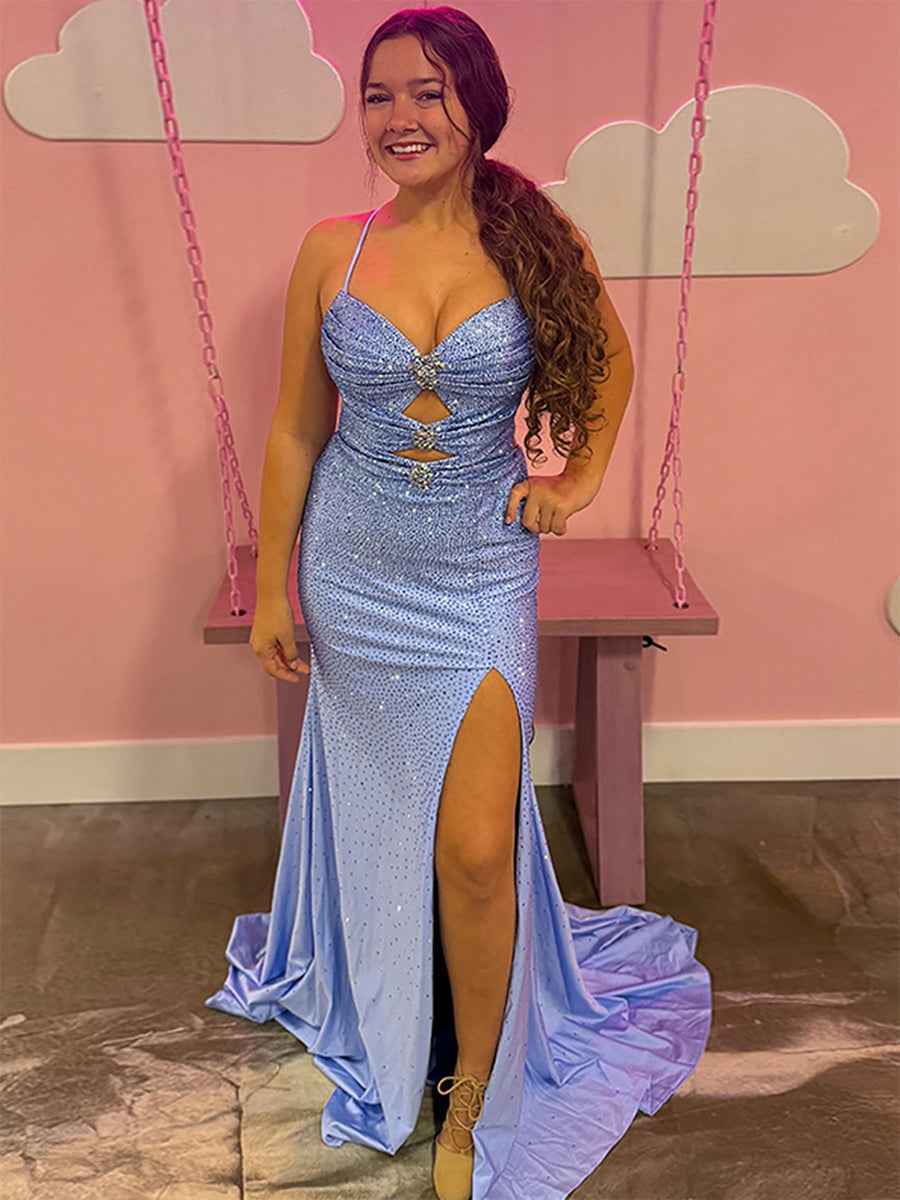 Glamorous Emerald Green Cutout Shimmer Prom Dress with Slit