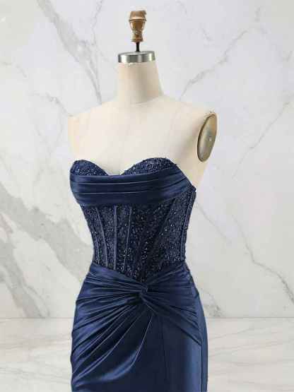 Glamorous Strapless Beaded Corset Satin Prom Dress with Slit