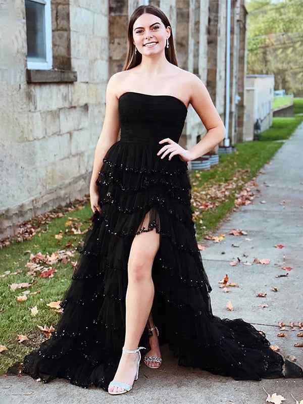 Glitter Black A-Line Strapless Tulle Long Prom Dress with Ruffled