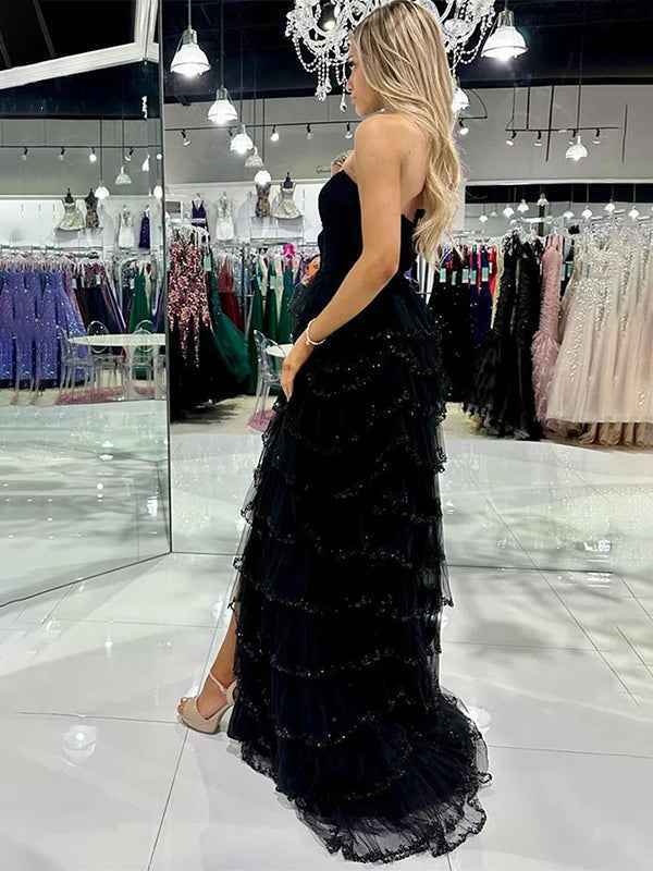 Glitter Black A-Line Strapless Tulle Long Prom Dress with Ruffled