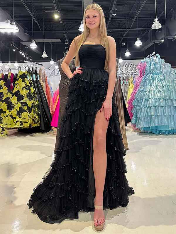 Glitter Black A-Line Strapless Tulle Long Prom Dress with Ruffled