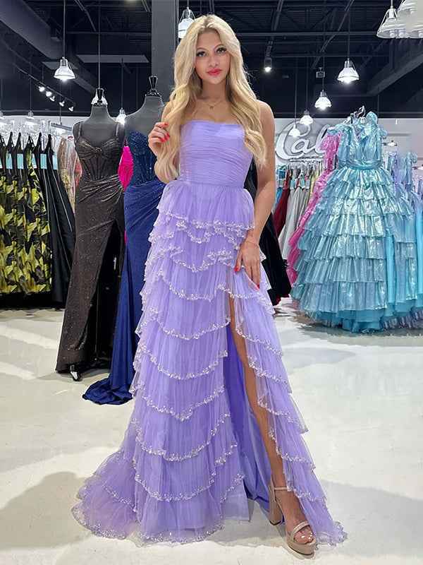 Glitter Black A-Line Strapless Tulle Long Prom Dress with Ruffled