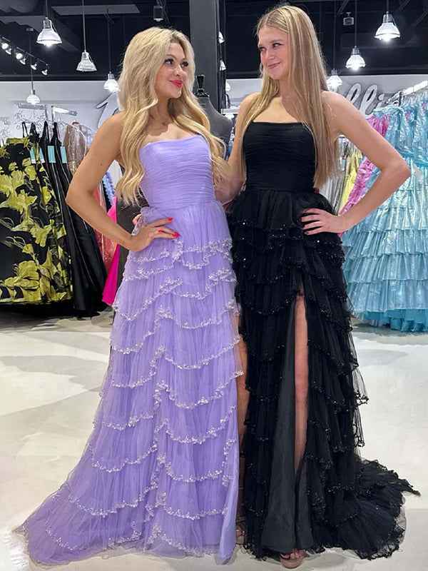 Glitter Black A-Line Strapless Tulle Long Prom Dress with Ruffled