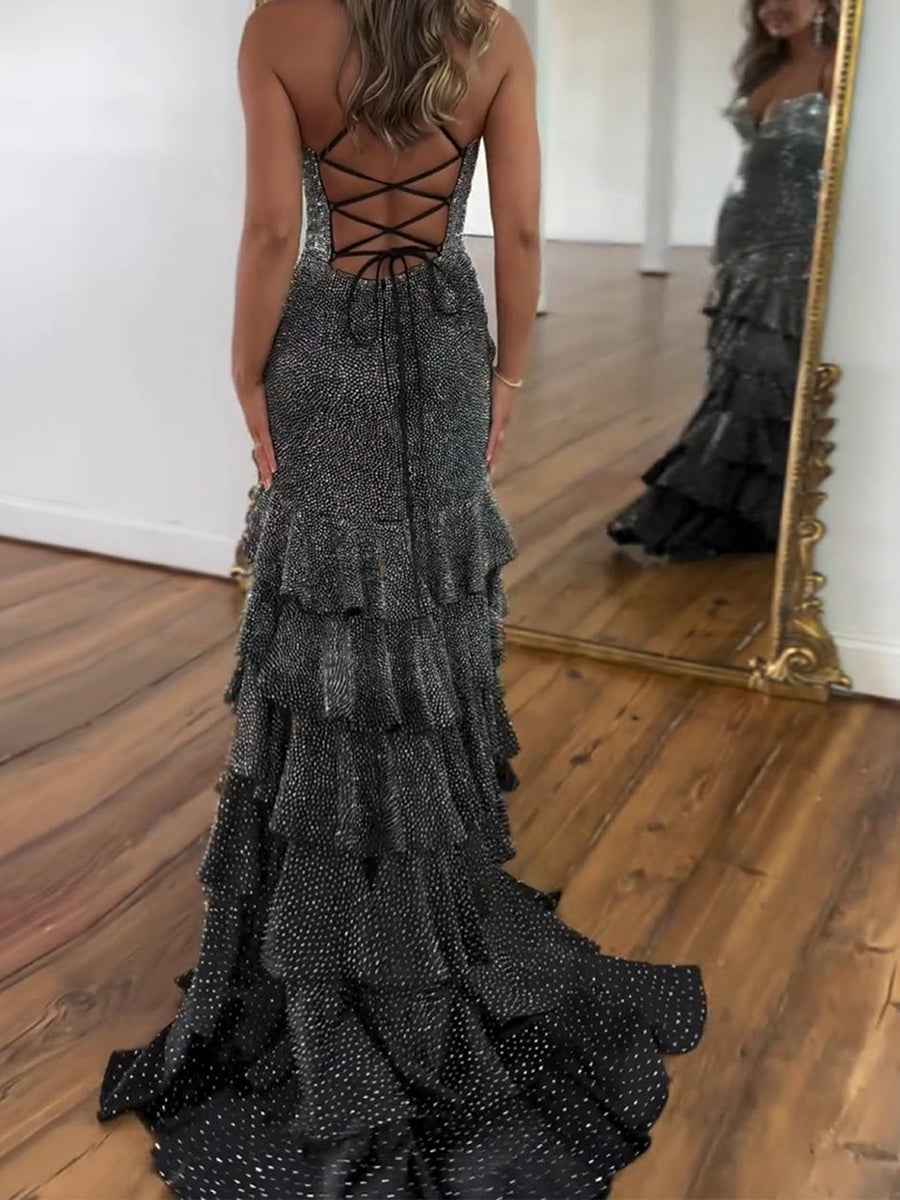 Glamorous Black Sparkle Tiered Ruffle Mermaid Prom Dress with Slit