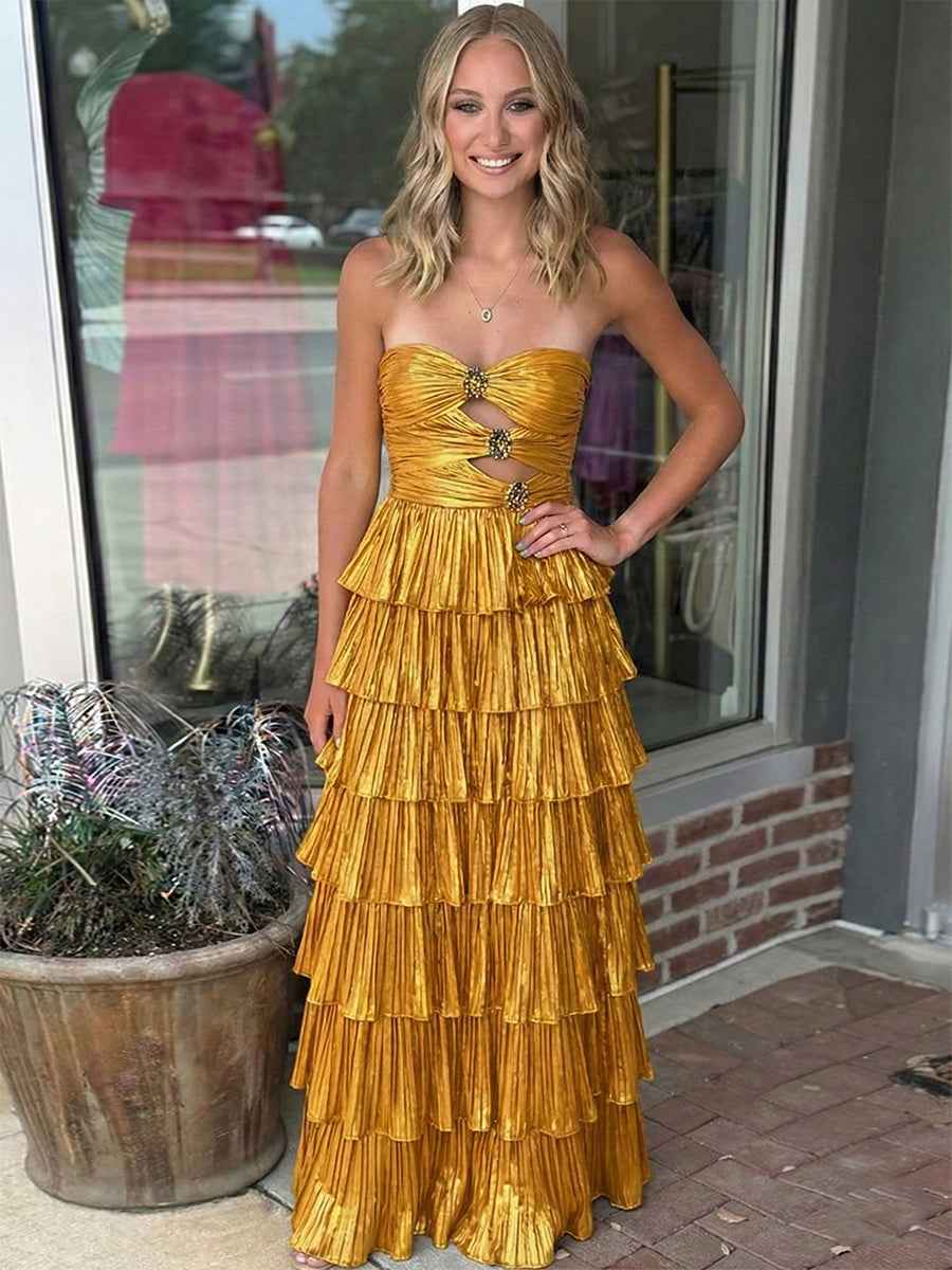 Glamorous Black Strapless Tiered Pleated Cutout Long Prom Dress