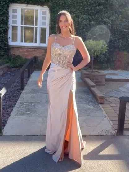 Glamorous Champagne Beaded Bodice Satin Prom Dress with High Slit