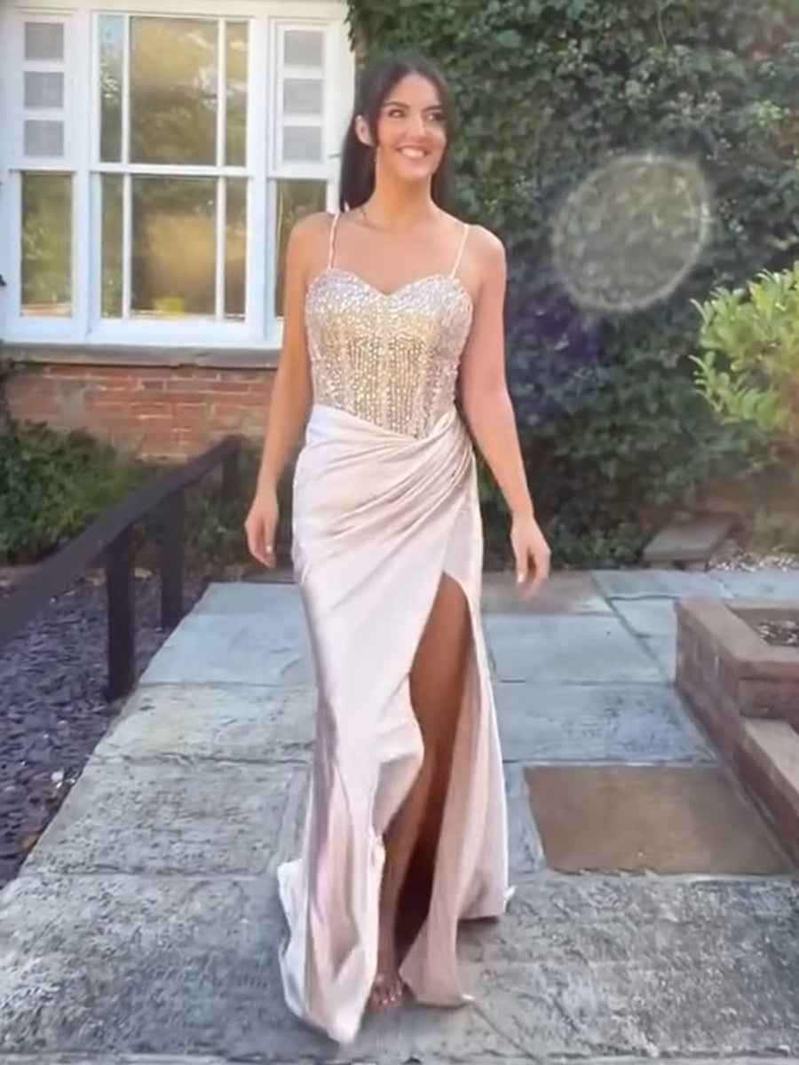 Glamorous Champagne Beaded Bodice Satin Prom Dress with High Slit