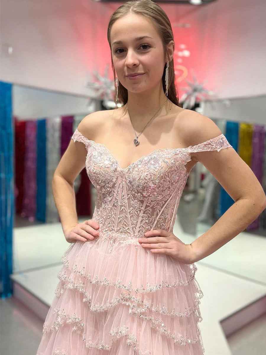 Glamorous Champagne Beaded Tiered Ruffle Corset Prom Dress with Slit