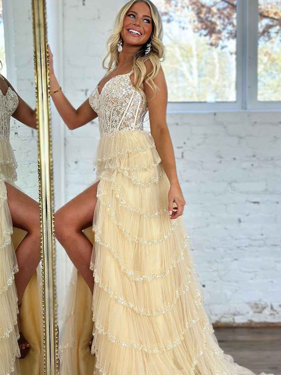 Glamorous Champagne Beaded Tiered Ruffle Corset Prom Dress with Slit