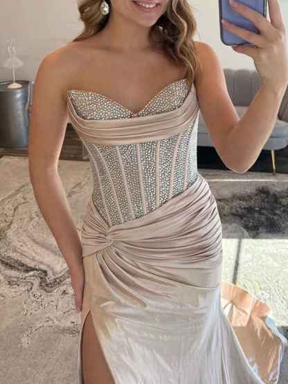 Glamorous Champagne Strapless Crystal Corset Satin Prom Dress with High Slit