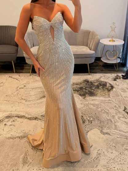 Glamorous Champagne Strapless Starburst Beaded Mermaid Prom Dress