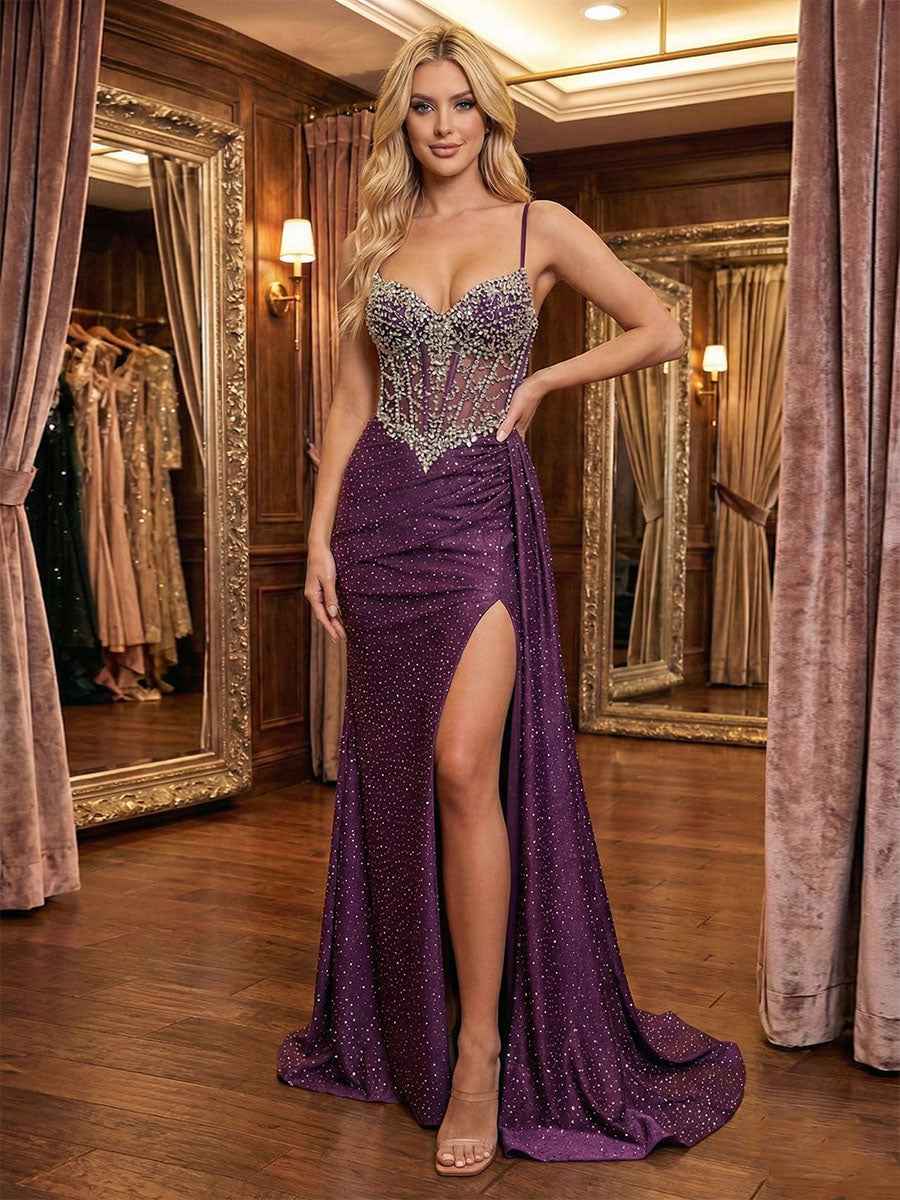 Glamorous Dusty Rose Beaded Sheer Corset Prom Dress with High Slit