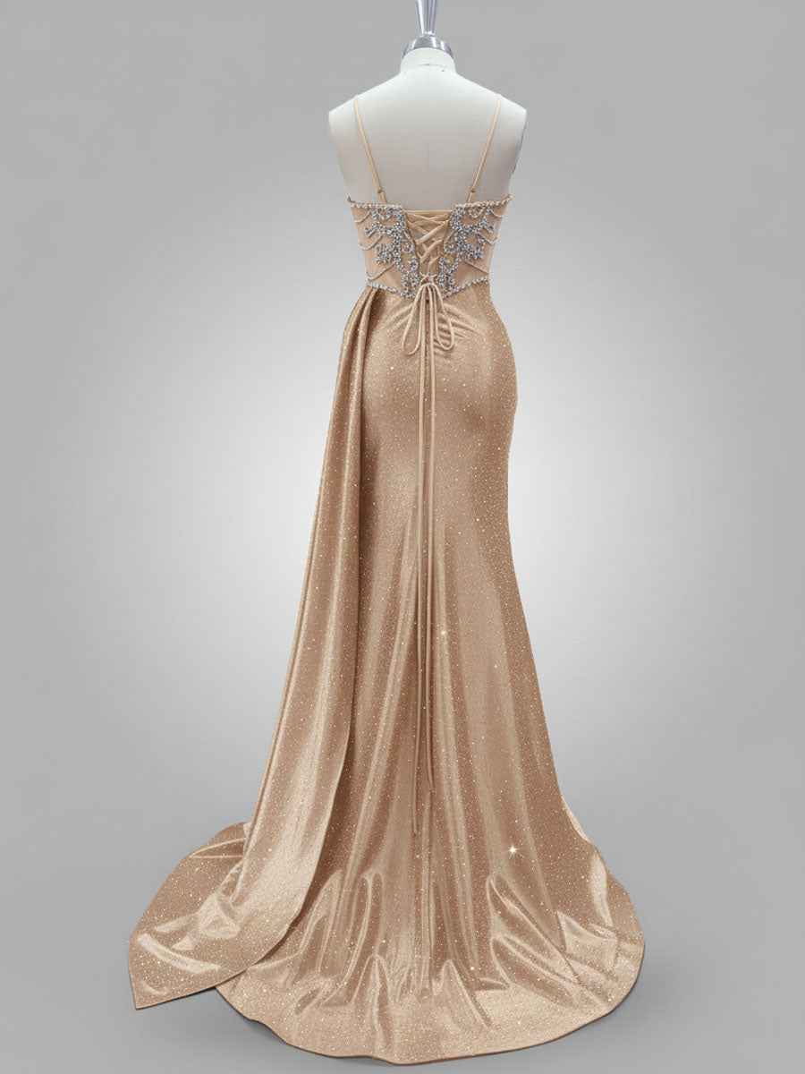 Glamorous Dusty Rose Beaded Sheer Corset Prom Dress with High Slit