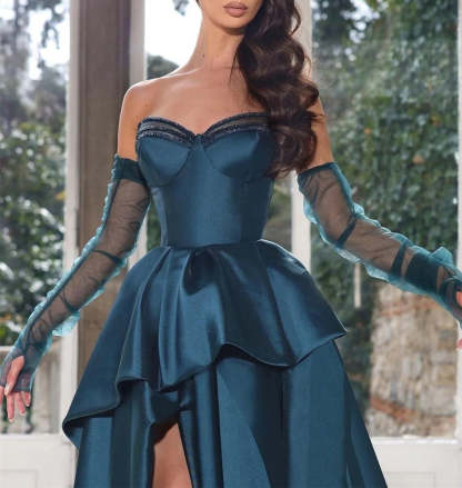 Strapless A-Line Formal Gown with Half Sleeves and Side Split