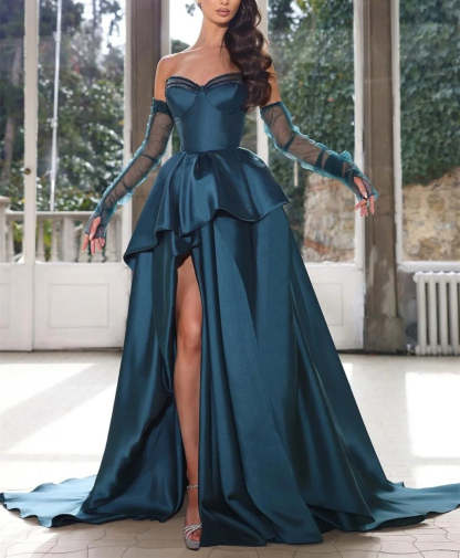 Strapless A-Line Formal Gown with Half Sleeves and Side Split