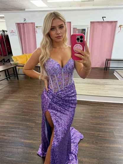 Glamorous Lilac Strapless Sequin Corset Prom Dress with High Slit