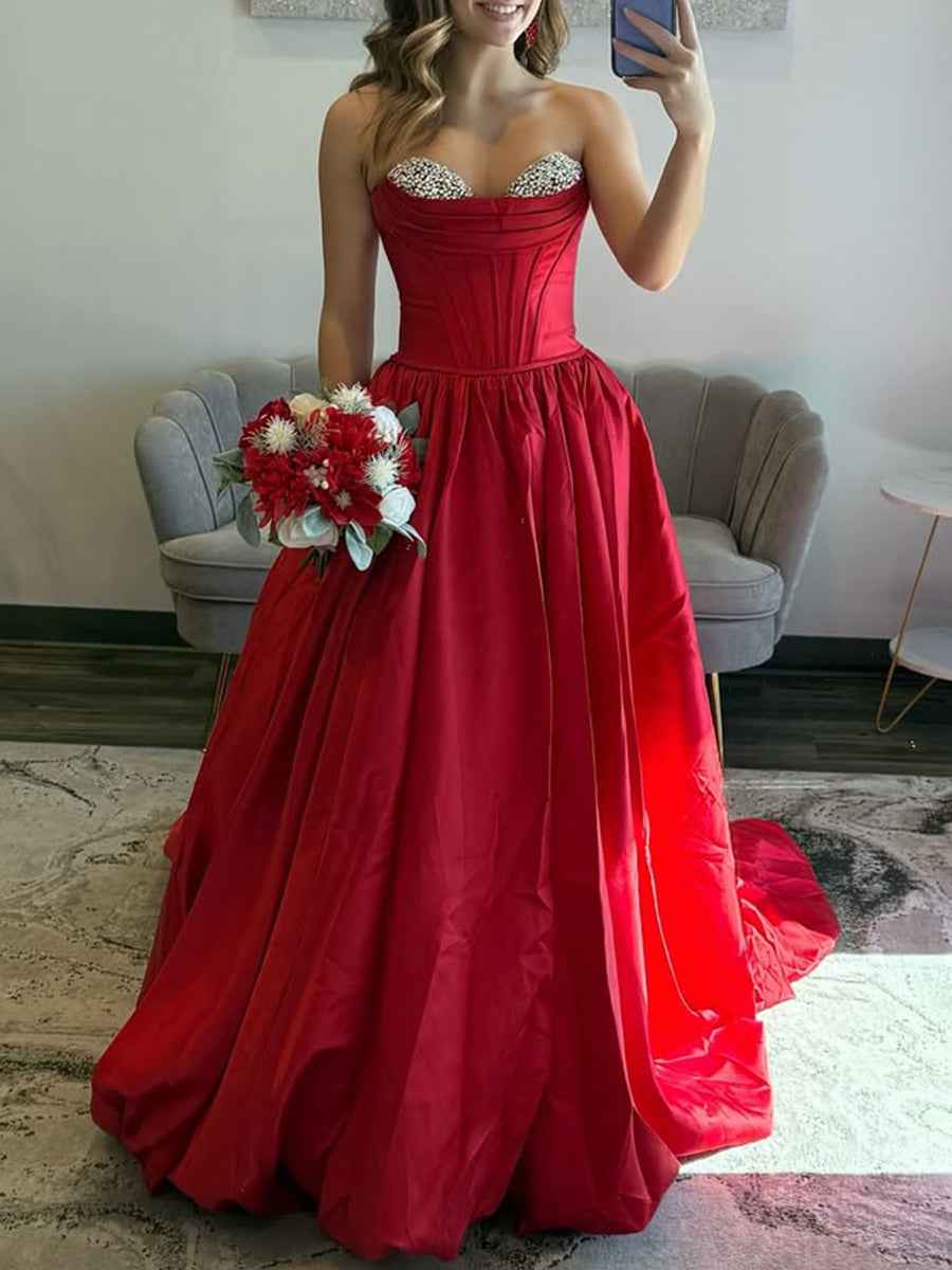 Glamorous Red Satin Strapless Prom Dress with Crystal Bust