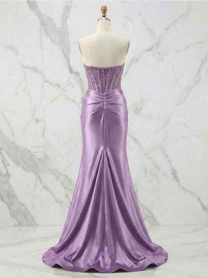 Glamorous Champagne Strapless Crystal Corset Satin Prom Dress with High Slit