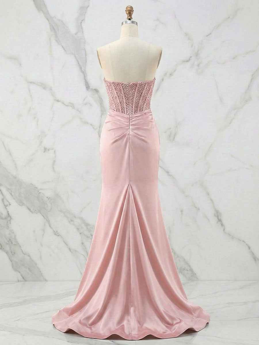 Glamorous Champagne Strapless Crystal Corset Satin Prom Dress with High Slit