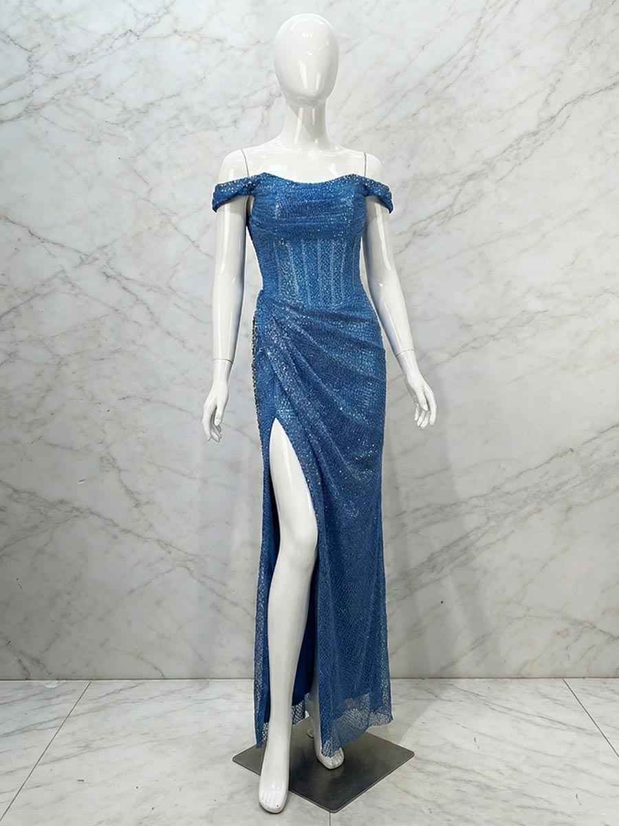 Glamorous Royal Blue Sequin Off-the-Shoulder Corset Prom Dress with Slit