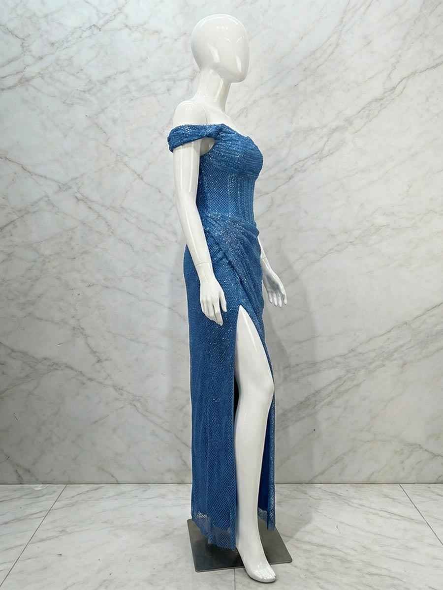 Glamorous Royal Blue Sequin Off-the-Shoulder Corset Prom Dress with Slit